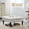 Button Tufted Square Ottoman Bench With Rolling Wheels Nailhead Trim, Beige