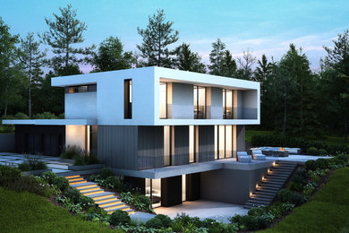 Mid-sized trendy multicolored two-story wood exterior home photo with a mixed material roof