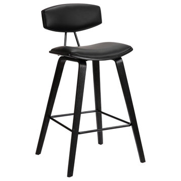 Fox 25.5" Mid-Century Counter Height Barstool, Black Faux Leather