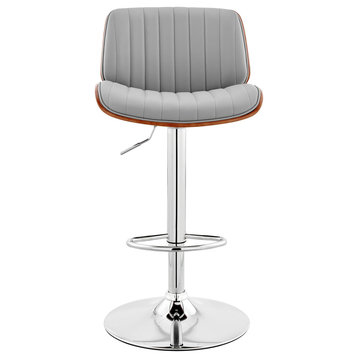 Brock Adjustable Gray Faux Leather and Walnut Wood With Chrome Finish Bar Stool