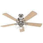 Hunter - Hunter 54206 Crestfield - 52" Ceiling Fan with Light Kit - Subtle farmhouse and vintage details are seen throughout the Crestfield rustic ceiling fan, particularly with the vintage-inspired blade irons and the rustic finishes on the reversible blades. The Crestfield ceiling fan includes snap-on blades for easy installation. Featuring a three-speed motor and energy-efficient LED light bulbs, the Crestfield collection comes in a variety of sizes and finishes to allow you to customize the look of your indoor spaces while maintaining a consistent style throughout your home.   Warranty: Limited Lifetime Motor Warranty is backed by the only company with over 130 years in the fan business Lumens: 600  Color Temeprature: 3,000  Color Rendering Index:   Lifetime Expectation (Hours): 15,000 Hrs  Airflow: 3987  Rod Length(s): 3   Shipping Length (in): 18.6 Shipping Width (in): 22.7  Shipping Height (in): 11.3  Shipping Weight (Lbs): 27.1  Shipping Cubic Feet (L x W x H)/1728: 2.761Crestfield 52" Ceiling Fan Brushed Nickel Natural Wood/Bleached Grey Pine Blade Clear Glass *UL Approved: YES *Energy Star Qualified: n/a  *ADA Certified: n/a  *Number of Lights: Lamp: 3-*Wattage:6.5w E26 LED bulb(s) *Bulb Included:Yes *Bulb Type:E26 LED *Finish Type:Brushed Nickel