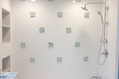Bathroom - traditional kids' white tile and porcelain tile ceramic tile and white floor bathroom idea in Los Angeles with white cabinets, blue walls, terrazzo countertops, shaker cabinets, an undermount sink and blue countertops