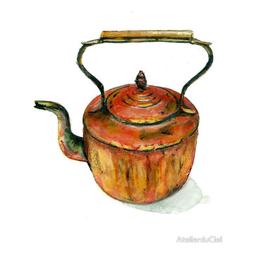 Fantastic kitchen art prints featuring antique copper pots