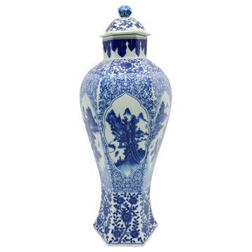 Blue and White Hexagonal Landscape Porcelain Temple Jar 16"