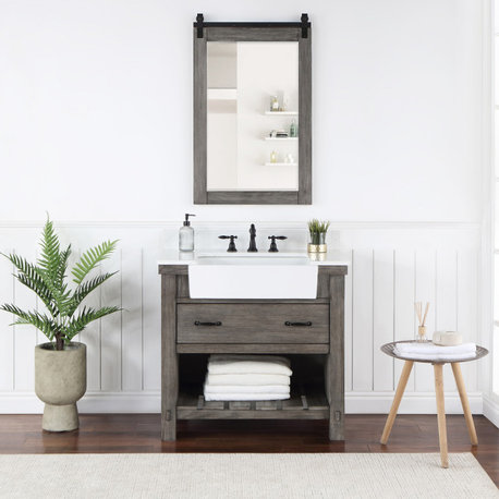 Villareal Bath Vanity, Stone Top, Farmhouse Sink, Grey, 36", No Mirror