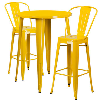 30" Round Yellow Metal Indoor-Outdoor Bar Table Set With 2 Cafe Barstools