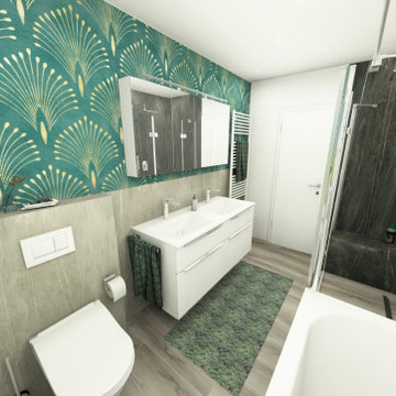 Modernes Bad mit verschiedenen Wandgestaltungen