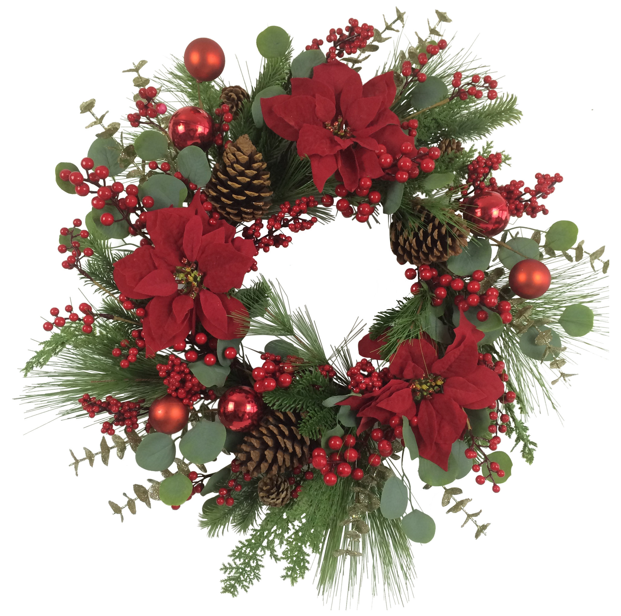 Artificial Red Berry and Poinsettia Christmas Wreath, 28", Unlit ...