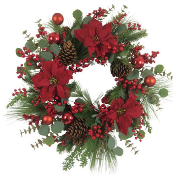 Artificial Red Berry and Poinsettia Christmas Wreath, 28", Unlit