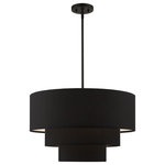 Livex Lighting - Bainbridge 4-Light Black Pendant Chandelier - The four-light Bainbridge pendant chandelier is both modern and versatile. The hand-crafted black fabric hardback drum shades are set off by an inner silky white fabric that combines with a pendant-like black finish sweeping arm which creates a versatile effect. Perfect fit for the living room, dining room, kitchen and bedroom.