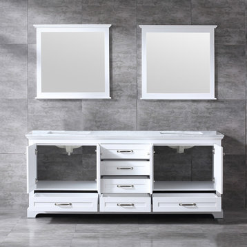 Dukes 80" White DB Vanity, White Carrara Marble Top, Square Sinks, 30" Mirrors