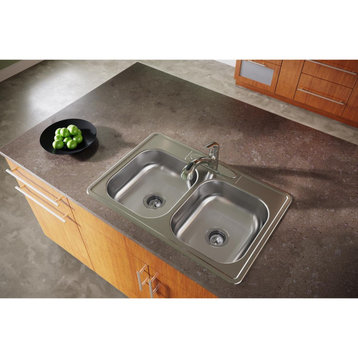 D233221 Dayton Stainless Steel 33" x 22" Equal Double Bowl Drop-in Sink, 1 Hole