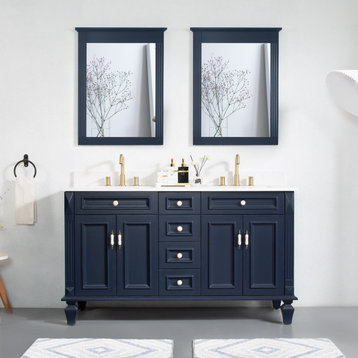 60 In Bathroom Vanity Set with 2Pcs 26 Inch Mirrors, Quartz Top, cUPC Certified, Navy Blue