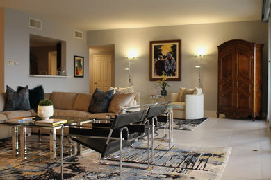 Mid-sized trendy open concept ceramic tile and beige floor living room photo in Other with gray walls, a standard fireplace, a stone fireplace and a wall-mounted tv