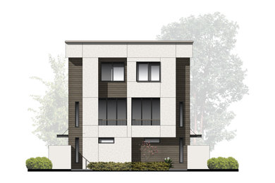 Modelo de fachada de casa bifamiliar beige y blanca actual de tamaño medio de tres plantas con revestimiento de estuco, tejado plano y tejado de varios materiales