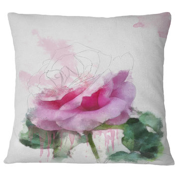 Pink Rose Stem With Paint Splashes Floral Throw Pillow, 18"x18"