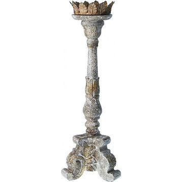 Candleholder Candlestick Transitional Distressed Gray Gold Wood