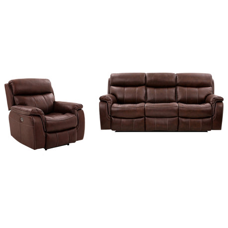 Montague Dual Power Reclining 2 Piece Sofa and Recliner Set, Brown Leather