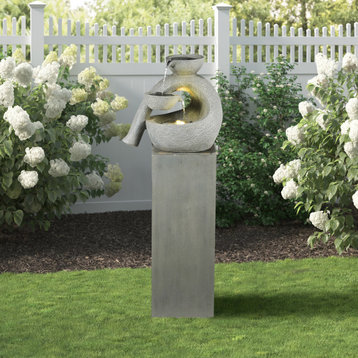 Gray Resin Modern Sculpture Pedestal Outdoor Fountain with LED Light