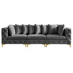 Meridian Furniture - Tremblay Velvet Upholstered 3-Piece Modular Sofa, Grey - Lean back and relax on this Tremblay sofa. Featuring soft grey velvet upholstery with deep button tufting, this sofa adds a bold touch to any living space. A complete set of gold and chrome legs are included, so you can change it up to suit your home decor. This sofa is modular, so you can create infinite configurations with it, which are easily attached using the latch underneath the frame. Its contemporary design is perfect for the modern home.