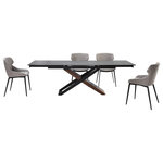 Armen Living - Milena Kenna 5 Piece Dining Set With Gray Fabric Chairs - Function and style come together with the Milena Kenna extendable 5-piece dining set from Armen Living. The Kenna's sturdy steel frame includes a matte black metal finish that is beautifully complemented by the chair's stylish fabric upholstery. The Kenna's tall back is uniquely shaped, offering excellent upper back support. The chair's bucket seat is foam padded, assuring comfort and support while seated. The Kenna's straight leg design includes floor protectors, assuring that the chair will not damage or slip on floors when moved. With clean lines and dramatic construction, our long dining table serves as a stunning focal point. Its linear, rectangular tabletop is crafted from shadow stone for a versatile and sophisticated appeal. It is perched upon a cross-shaped base to capture the eye. The chunky wooden leg is covered in walnut veneer, creating a visual contrast with the airy black wooden frame. Our chic and stylish dining table can easily extend to comfortably seat up to six to eight individuals. Serving as the perfect fit for your casual meals and garnished dinners, the table remains a stunning complement to your dining room or living space. It supports durable construction and easy-to-care materials to serve as a long-lasting addition to your home or apartment. Extending from 63 inches to 94, this dining table can allow for more guests if needed. The Milena extendable dining table is available in Shadow Stone, Walnut and Black wood veneer. The Kenna dining chairs feature durable gray fabric upholstery and black metal legs.