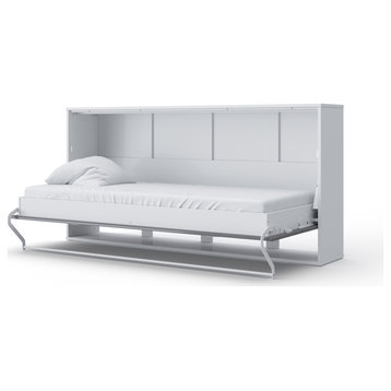 Contempo Horizontal Wall Bed, European Full Size with a cabinet on top, White