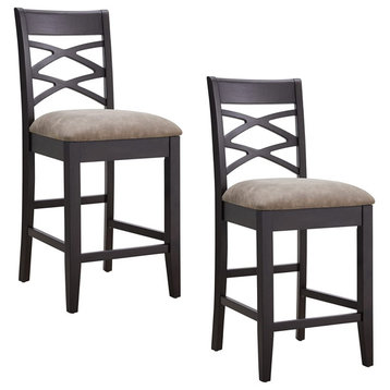 Set of 2 Transitional Counter Stool, Gray Fabric Seat With Double Crossed Back