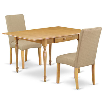 3-Piece Table Set For 2 Table, 2 Parsons Chairs, Dark Khaki, Drop Leaf Table