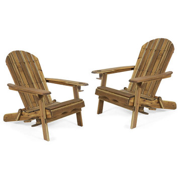 Set of 2 Adirondack Chair, Acacia Wood Construction With Cup Holder, Natural
