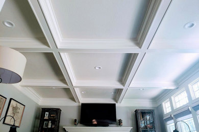 This is an example of a mid-sized transitional enclosed family room in Cleveland with coffered.