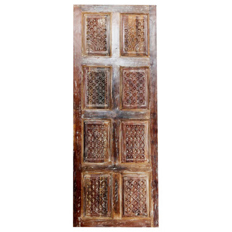 Consigned Vintage Brown Carved Door Wood Double Doors Sliding Barndoor 96