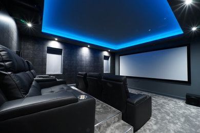 Inspiration for a medium sized contemporary enclosed home cinema in Other with grey walls, carpet, a projector screen and grey floors.