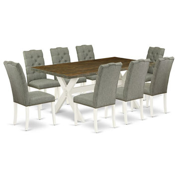 East West Furniture X-Style 9-piece Wood Dining Set in Linen White/Smoke