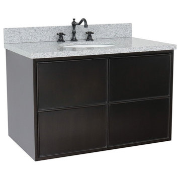 37" Single Wall Mount Vanity, Cappuccino Finish With Gray Granite Top