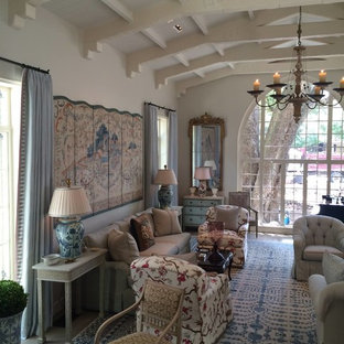 Inspiration for an expansive mediterranean formal enclosed living room in New York with white walls, carpet, no fireplace and no tv.