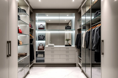 Large trendy gender-neutral white floor walk-in closet photo in Miami with glass-front cabinets and gray cabinets