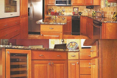 Eat-in kitchen - mid-sized rustic l-shaped marble floor eat-in kitchen idea in Seattle with an undermount sink, raised-panel cabinets, beige cabinets, granite countertops, white backsplash, stone tile backsplash, stainless steel appliances and an island