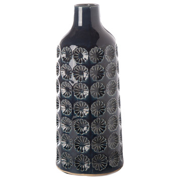 Ceramic Bottle Vase with Clover Pattern Design Gloss Blue Finish, Medium
