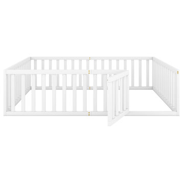 Gewnee Wood Queen Size Toddler Bed with Fence and Door in White