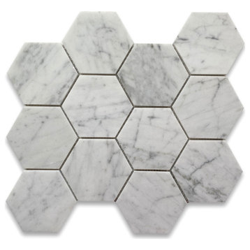 4" Hexagon Carrara Venato Carrera Italian Marble Mosaic Tile Polished, 1 sheet