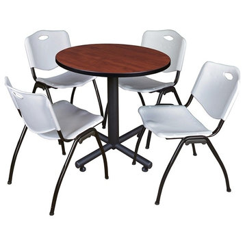 Kobe 30" Round Breakroom Table, Cherry and 4 'M' Stack Chairs, Gray
