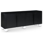 Meridian Furniture - Cardiff Sideboard/Buffet, Black/White - Transform your dining space into a haven of modern elegance with the Cardiff Black Sideboard Buffet. Featuring a rich black oak finish contrasted with white lacquer legs and a black lacquer top, it creates a sleek and modern aesthetic. Crafted mostly from solid wood with oak veneer made from rubberwood, as well as some parts made from MDF plywood, it boasts natural wood grain variation for added charm. This versatile piece serves as an elegant storage solution and a stylish platform for decorations. With doors designed to conceal cutlery, dishes, napkins, and dining supplies, it ensures your dining area stays organized and clutter-free. Elevate your dining experience with this handsome sideboard buffet that meshes practicality and sophistication effortlessly.