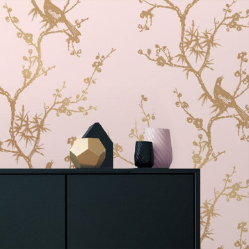Bird Watching Peel and Stick Wallpaper, Rose Pink and Gold, 60.75 Sq. Ft.