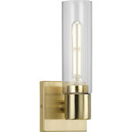 Progress Lighting - Clarion 1-Light Satin Brass Clear Glass Modern Wall Light - Embrace minimalist simplicity with the Clarion Collection 1-Light Satin Brass Clear Glass Modern Bath Vanity Light.