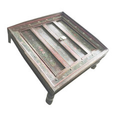 Mogul Interior - Consigned Red Green Floral Hand-Painted Square Antique Jaipur Coffee Table - Coffee Tables