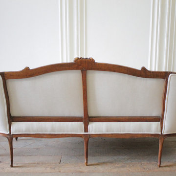 19th Century Carved Walnut Louis XV Style French Sofa Upholstered Belgian Linen