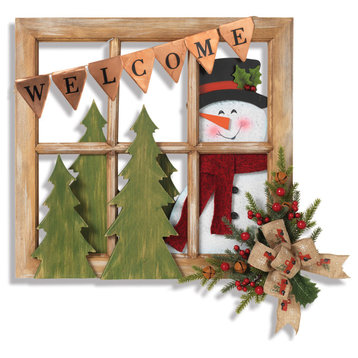 18-in L Wood and Metal Window w/ Snowman & Floral Accent