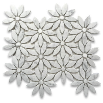 Daisy Field Flower Carrara Venato Marble Waterjet Mosaic Tile Honed, 1 sheet