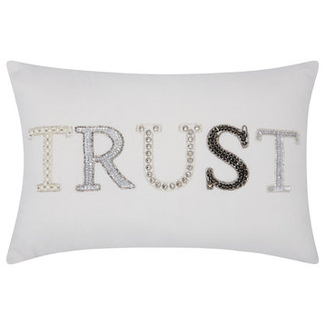 Kathy Ireland Beaded "Trust" White Throw Pillow, 12"x18"