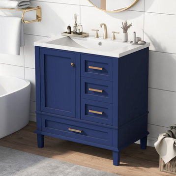 30" Bath Vanity with Single Sink and Drawer Organizer, Freestanding, Blue